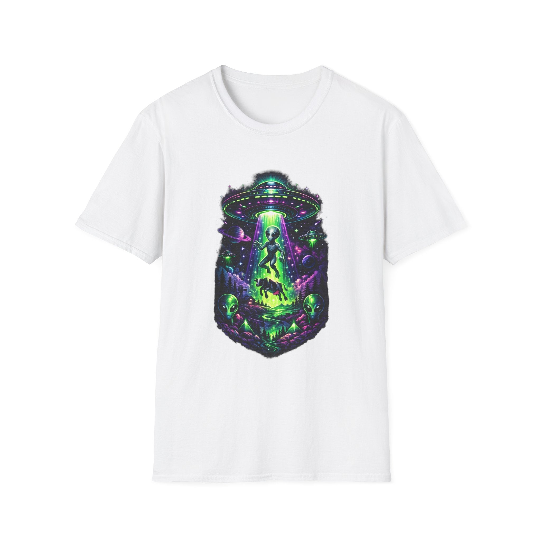 Alien Abduction Graphic Tee — Neon UFO & Alien Illustration T-Shirt