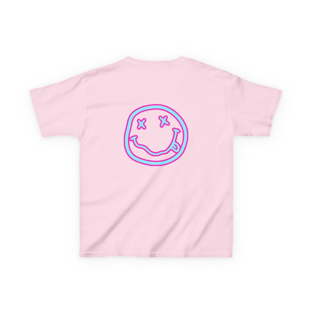 Kids T-Shirt — Neon Smiley Face Graphic Tee (Pink & Blue)
