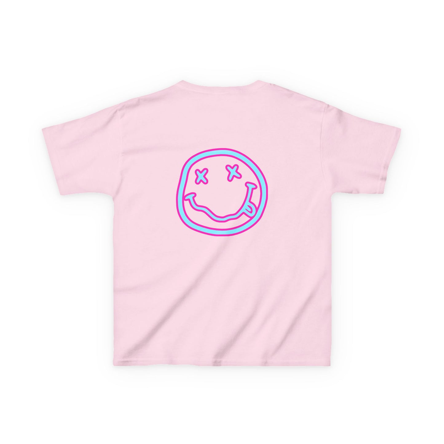 Kids T-Shirt — Neon Smiley Face Graphic Tee (Pink & Blue)