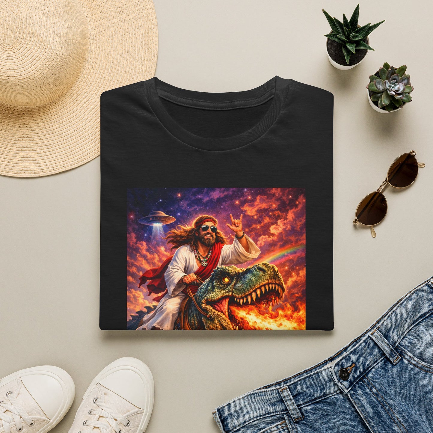 Jesus Riding T-Rex Graphic Tee — Retro UFO Apocalypse Art Shirt