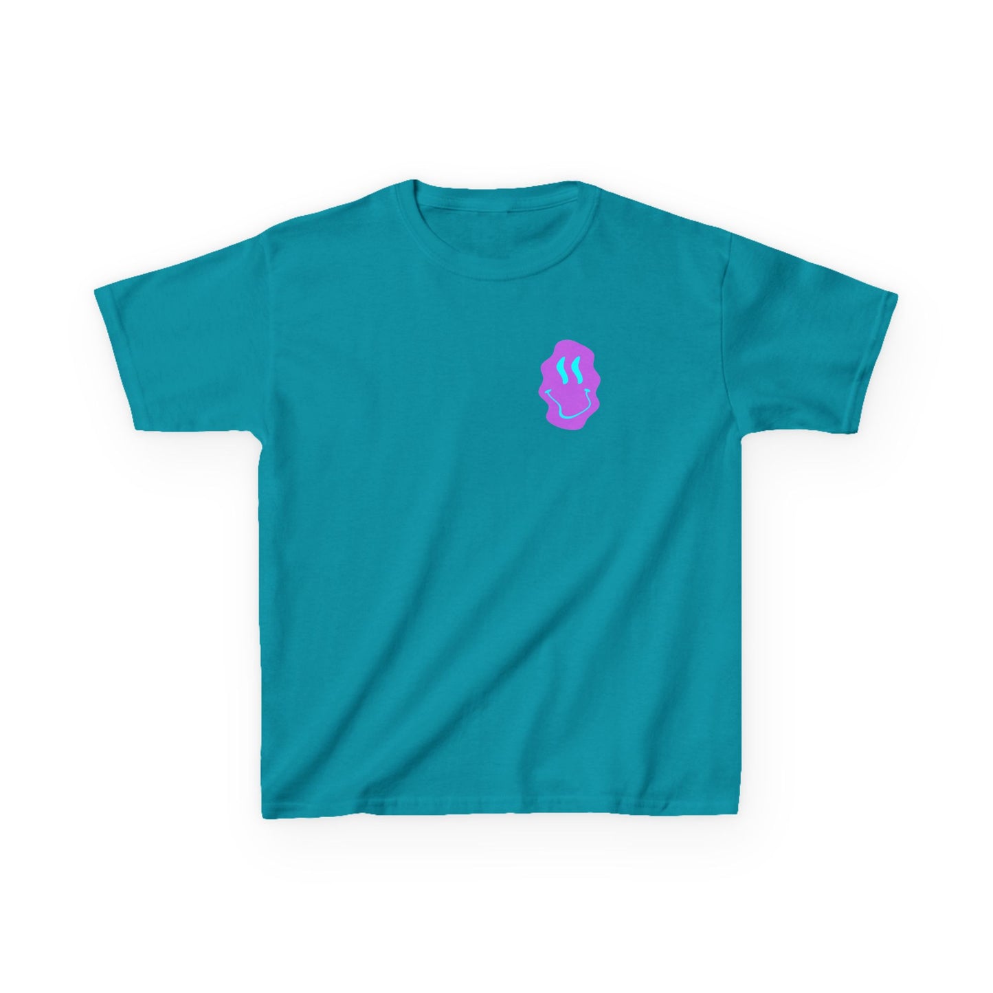 Kids T-Shirt — Neon Smiley Face Graphic Tee (Pink & Blue)