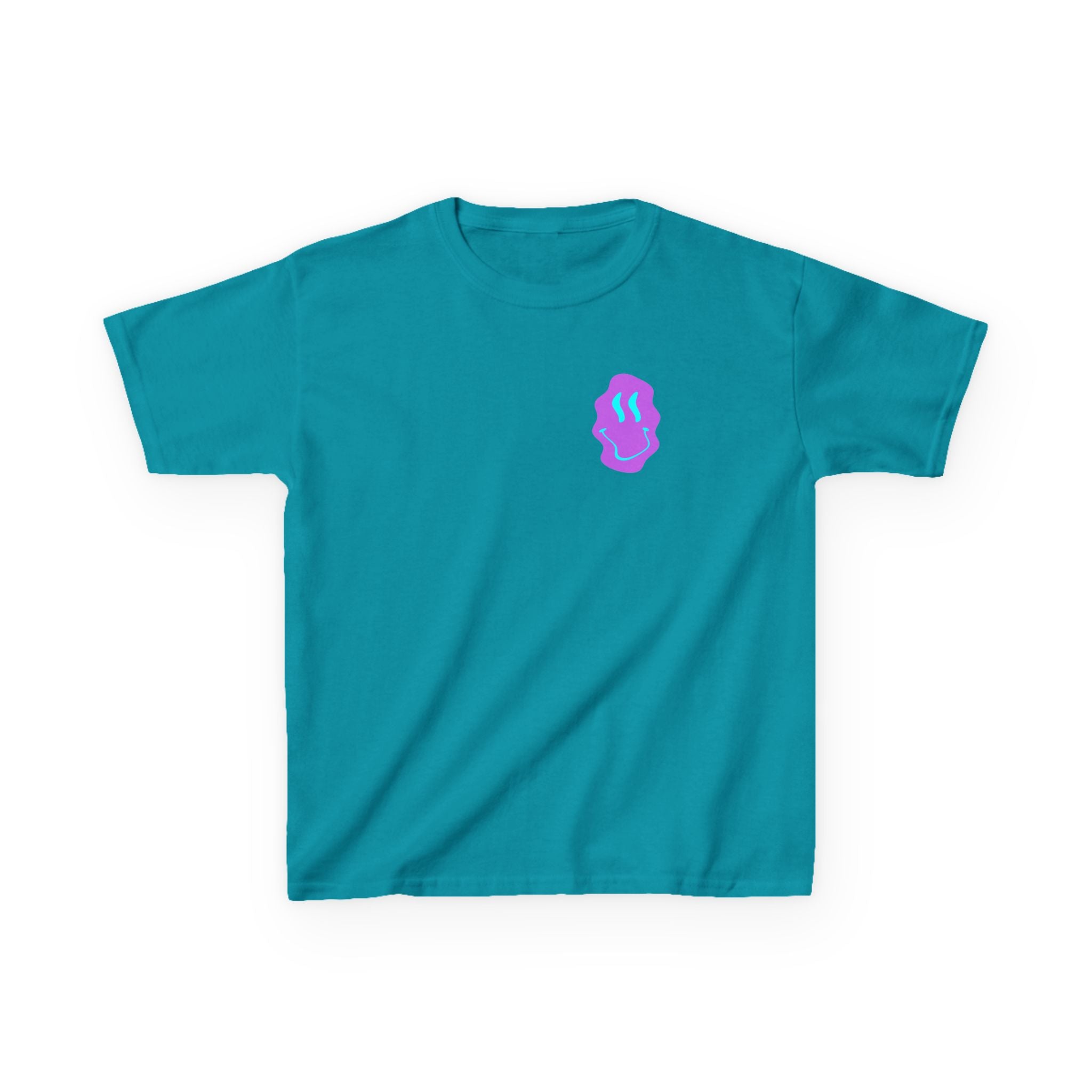 Kids T-Shirt — Neon Smiley Face Graphic Tee (Pink & Blue)