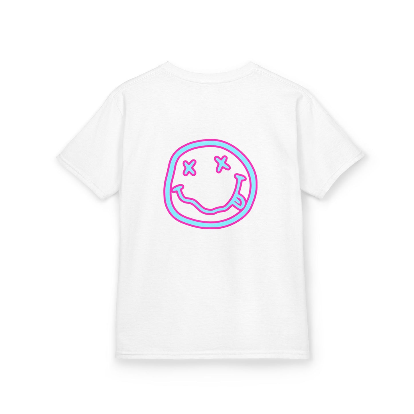Kids T-Shirt — Neon Smiley Face Graphic Tee (Pink & Blue)