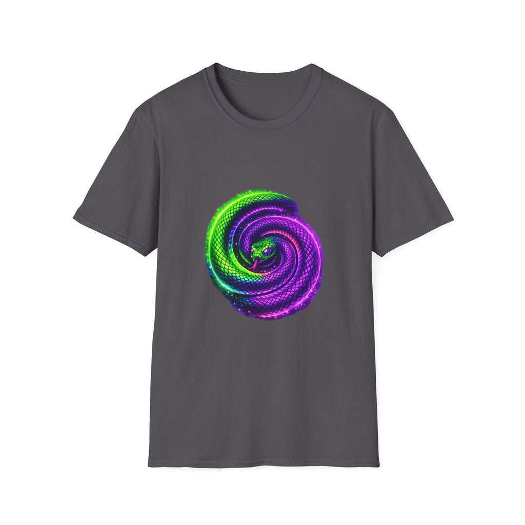 Psychedelic Spiral Snake T-Shirt — Neon Green & Purple Swirl Graphic Tee