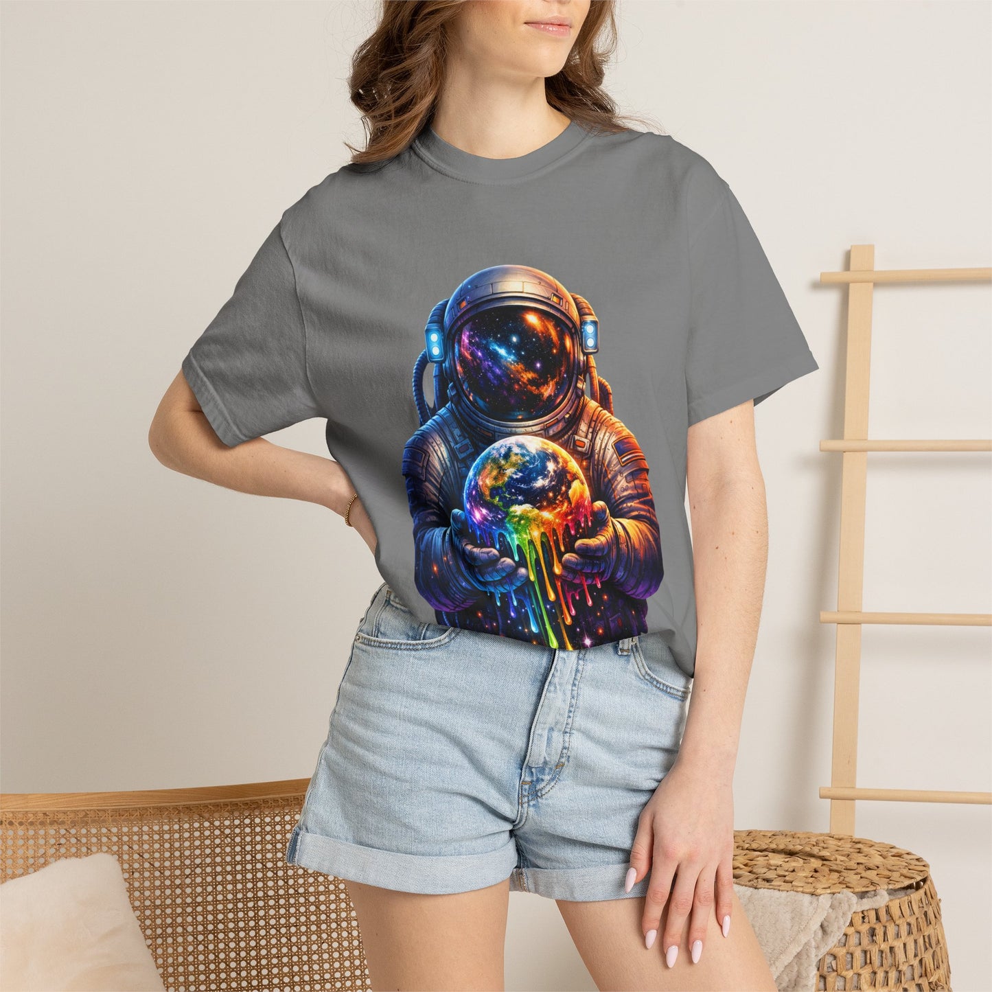 Astronaut Holding Melting Planet T-Shirt — Psychedelic Space Graphic Tee