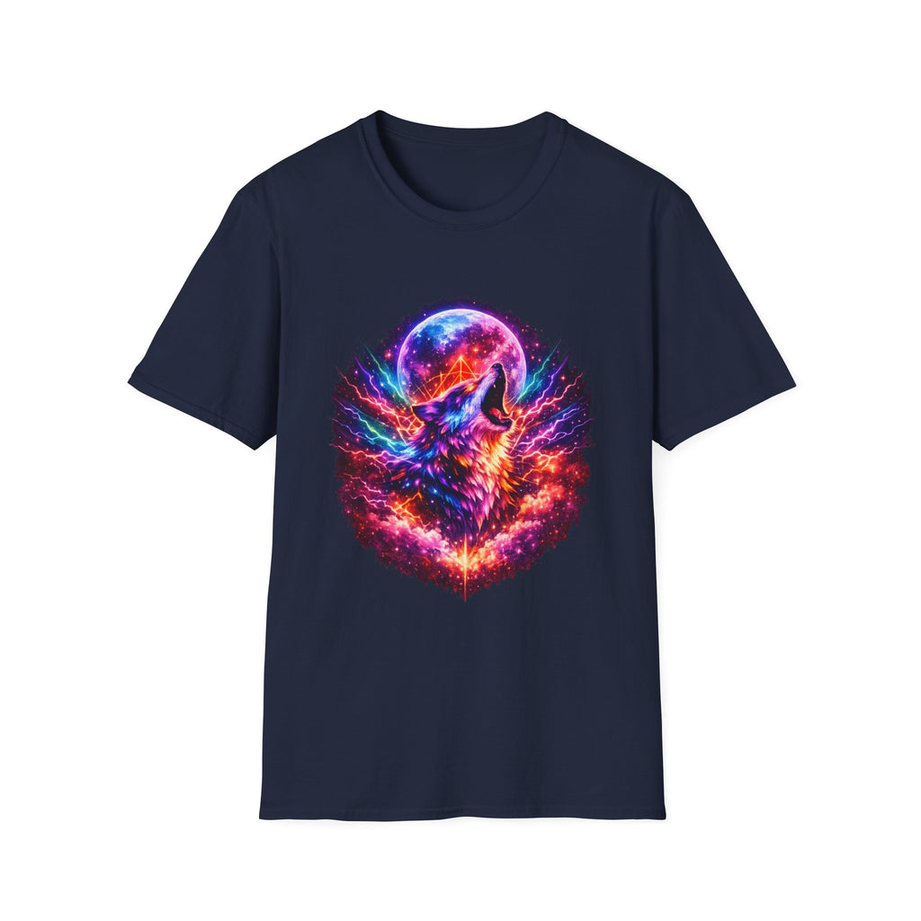 Cosmic Howl T‑Shirt — Neon Galaxy Wolf Graphic Tee