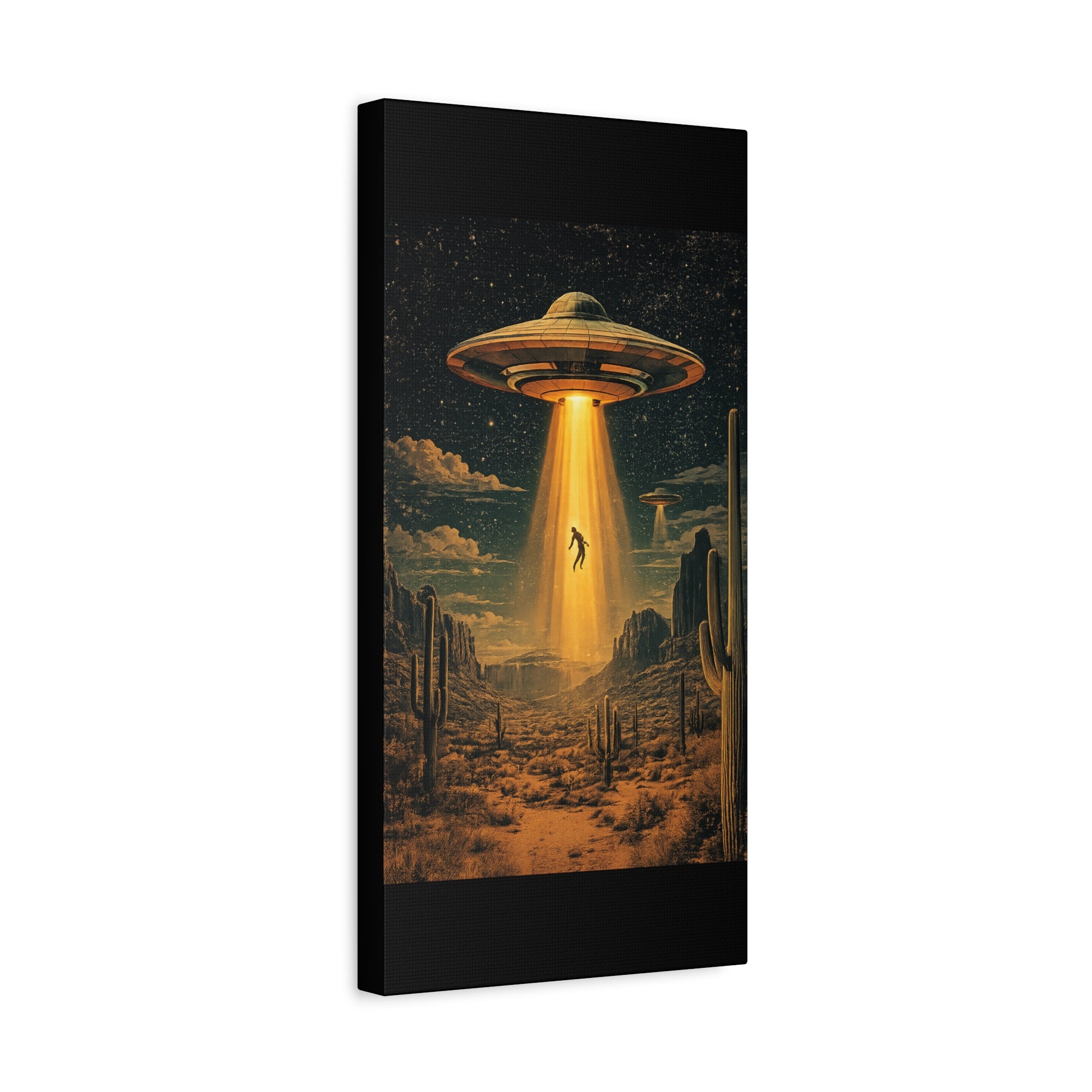 UFO Abduction Matte Canvas Wall Art — Retro Sci‑Fi Alien Beam Stretched Print