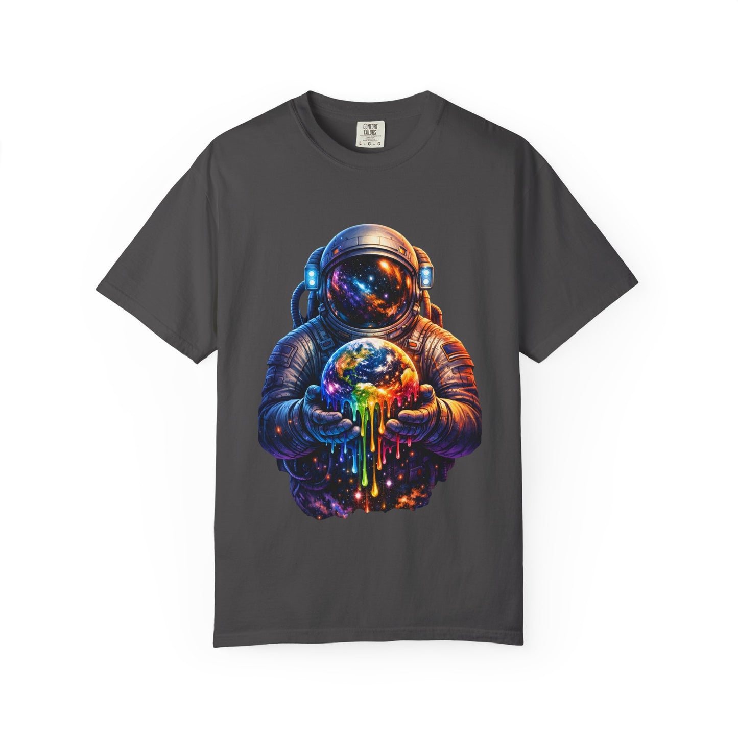 Astronaut Holding Melting Planet T-Shirt — Psychedelic Space Graphic Tee