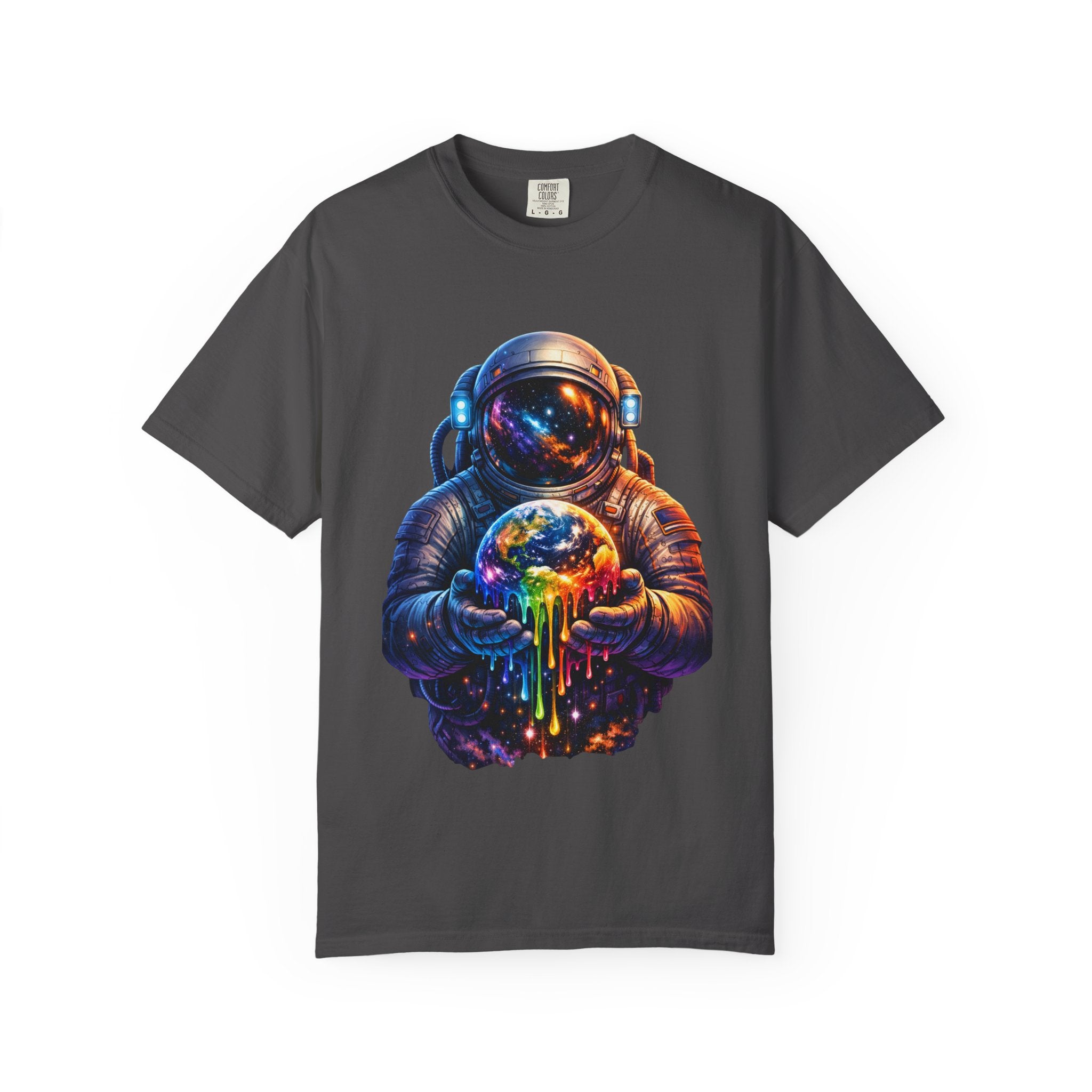 Astronaut Holding Melting Planet T-Shirt — Psychedelic Space Graphic Tee