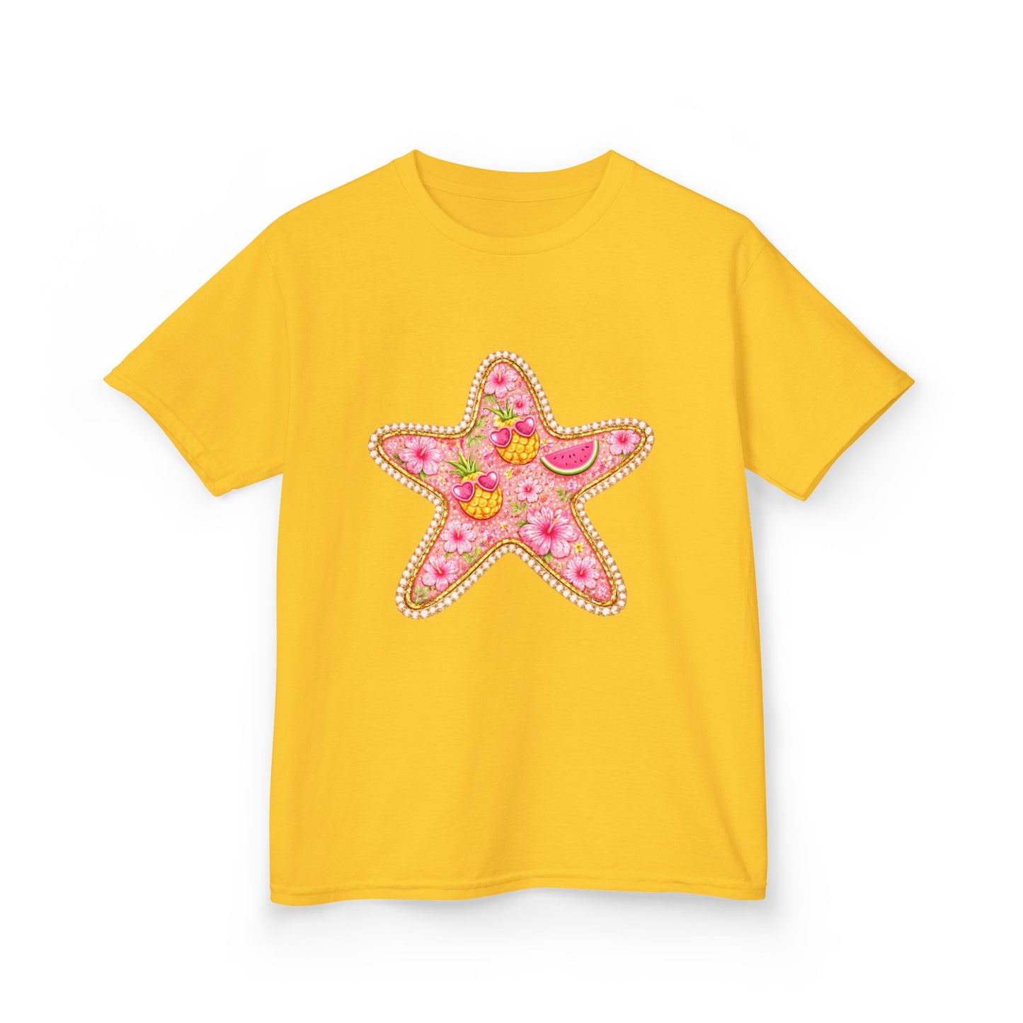 Kids Starfish Tee — Pink Floral Sequin Star Design
