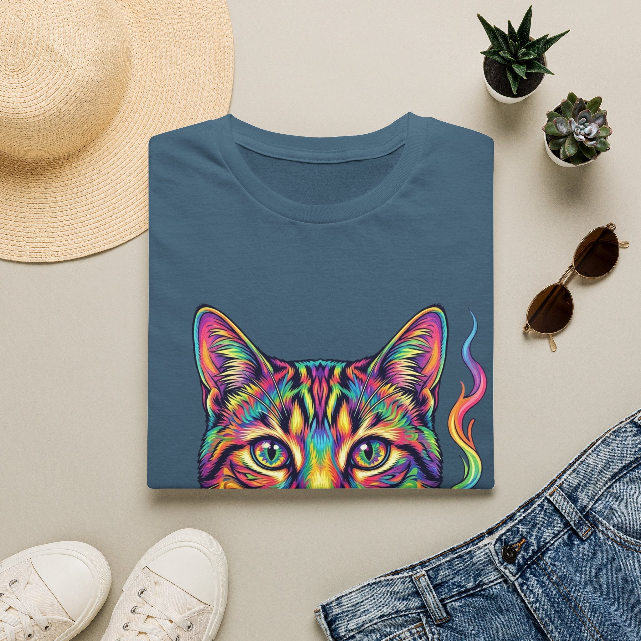 Colorful Psychedelic Cat T-Shirt — Vibrant Rainbow Cat Portrait Tee