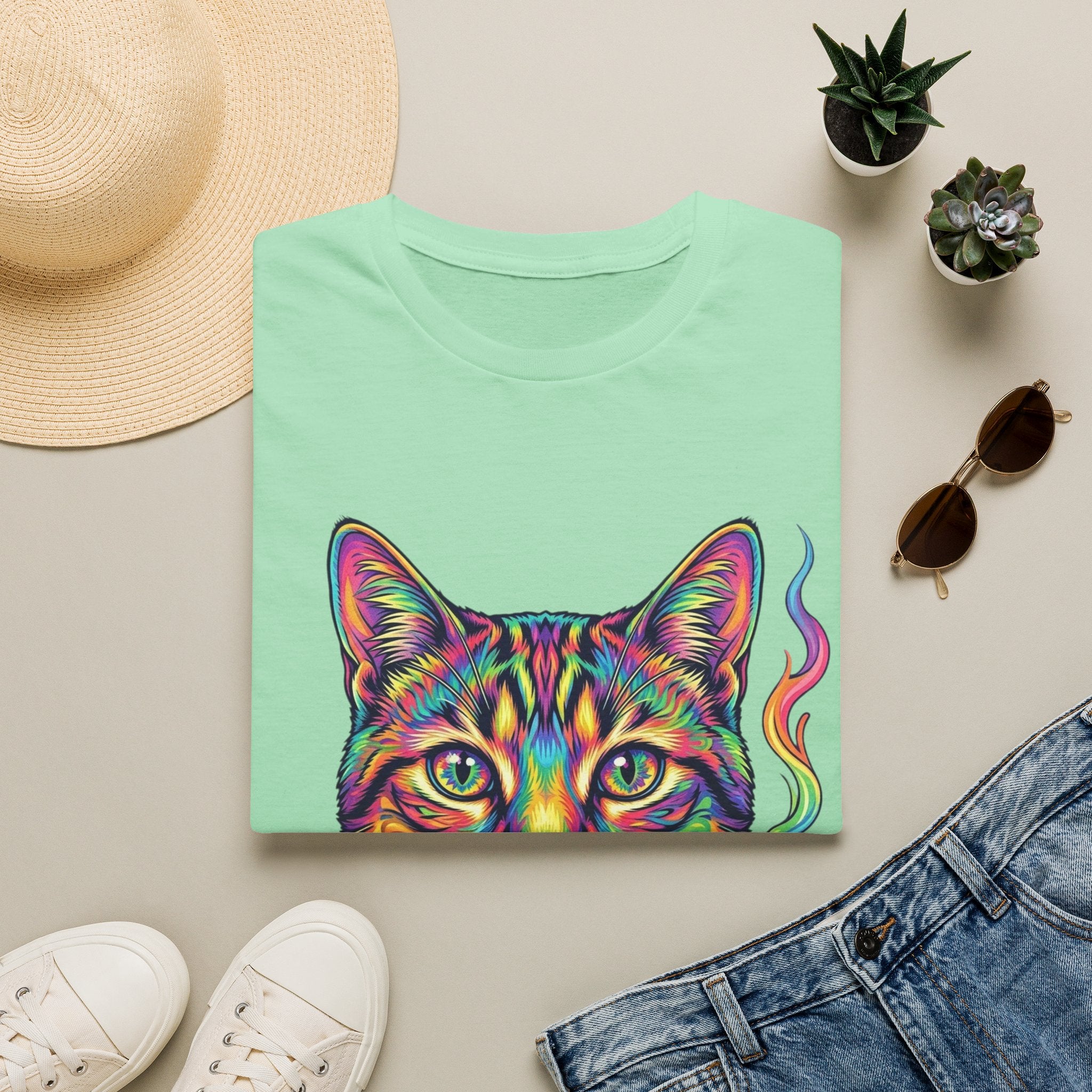 Colorful Psychedelic Cat T-Shirt — Vibrant Rainbow Cat Portrait Tee
