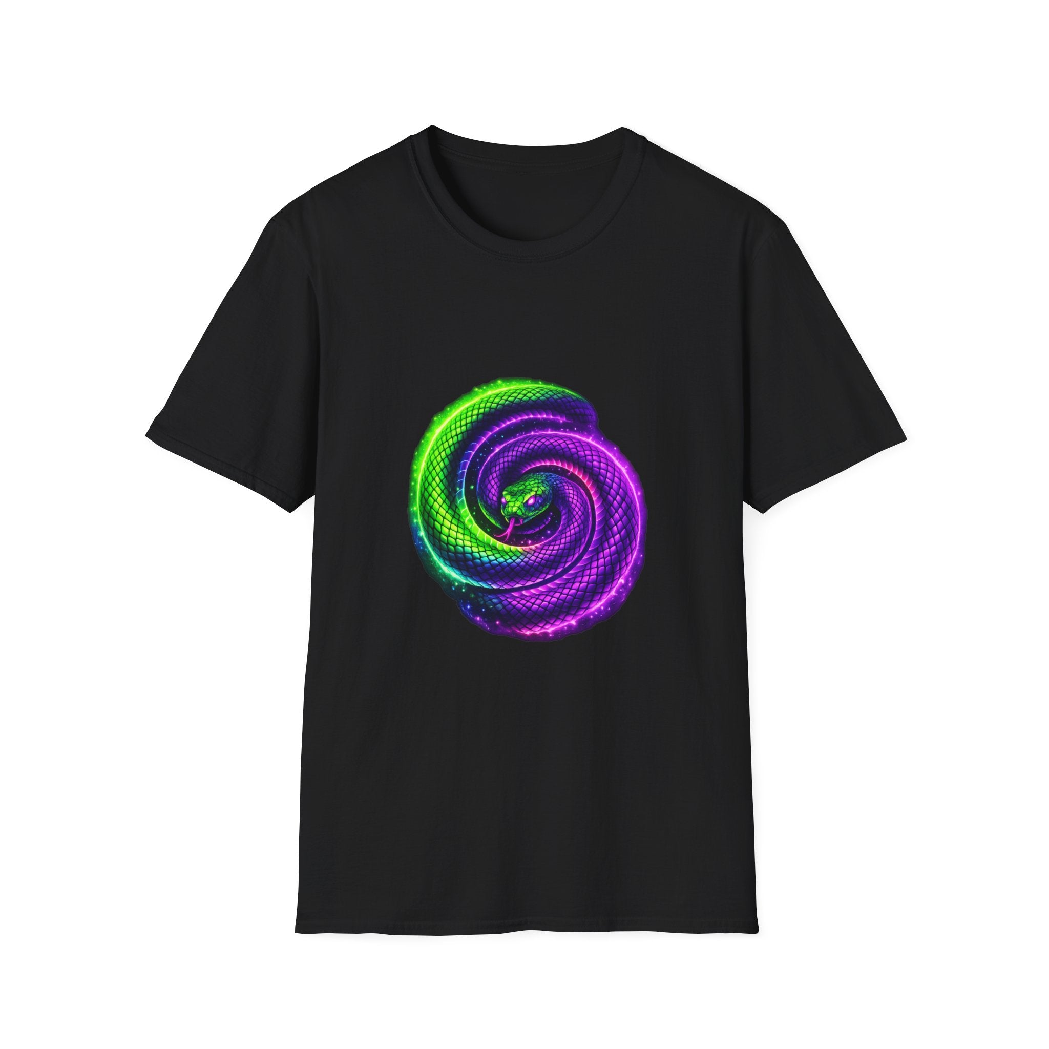 Psychedelic Spiral Snake T-Shirt — Neon Green & Purple Swirl Graphic Tee