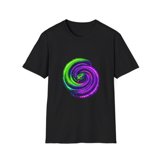 Psychedelic Spiral Snake T-Shirt — Neon Green & Purple Swirl Graphic Tee