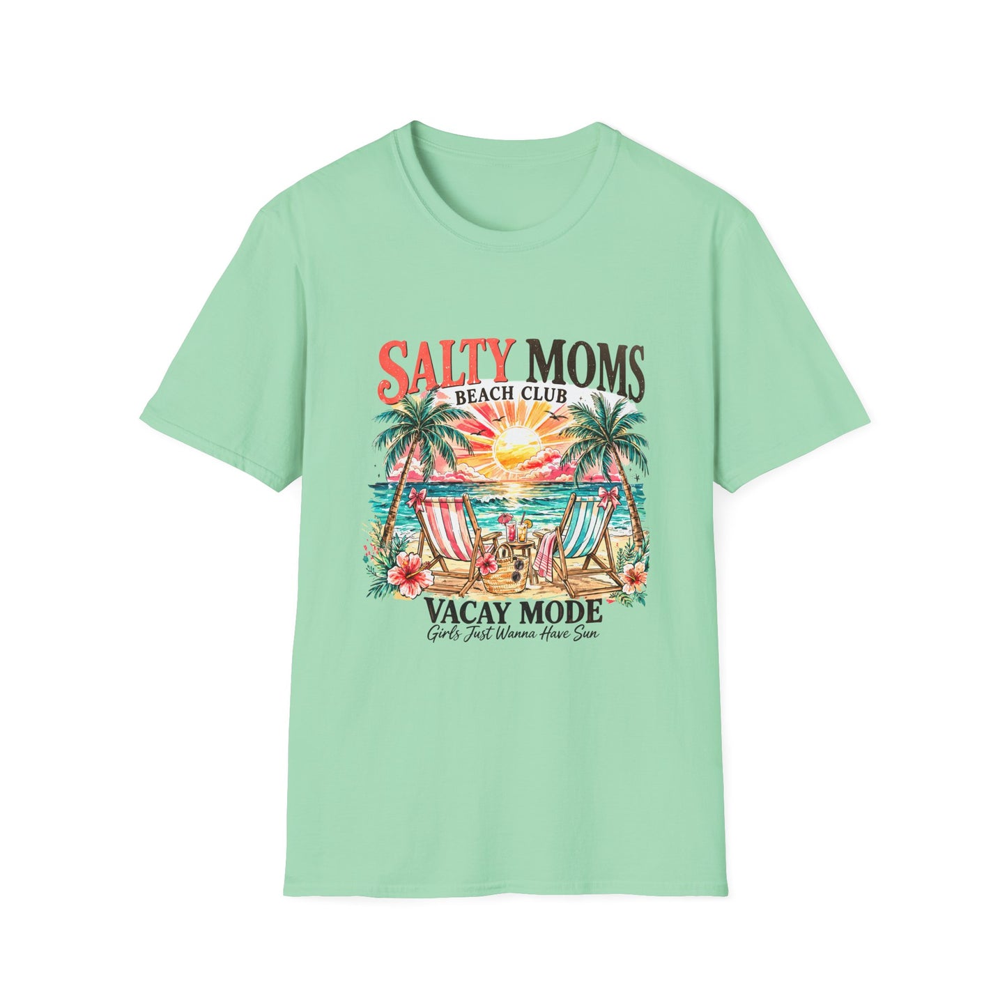 Salty Moms Beach Club T-Shirt — Vacay Mode Palm Tree Sunset Tee
