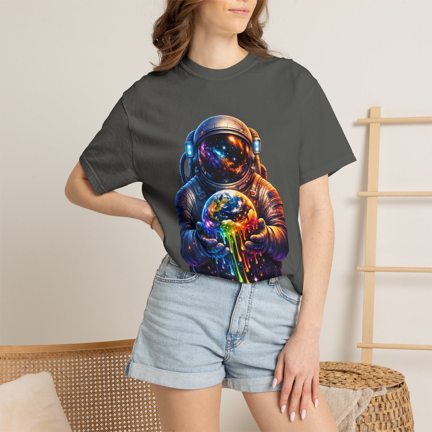 Astronaut Holding Melting Planet T-Shirt — Psychedelic Space Graphic Tee