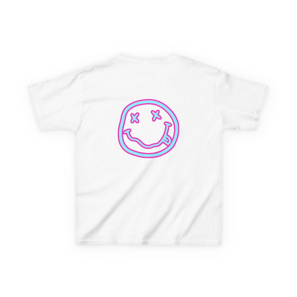 Kids T-Shirt — Neon Smiley Face Graphic Tee (Pink & Blue)