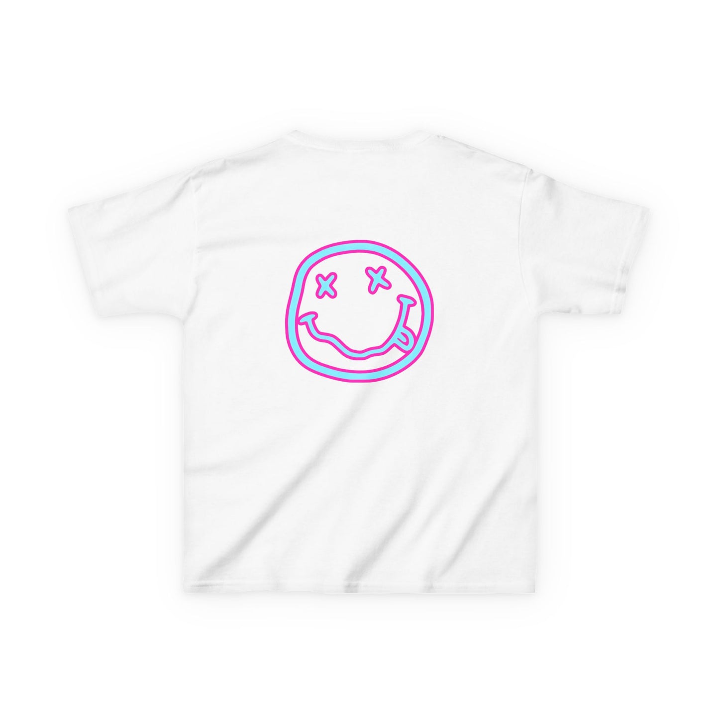 Kids T-Shirt — Neon Smiley Face Graphic Tee (Pink & Blue)