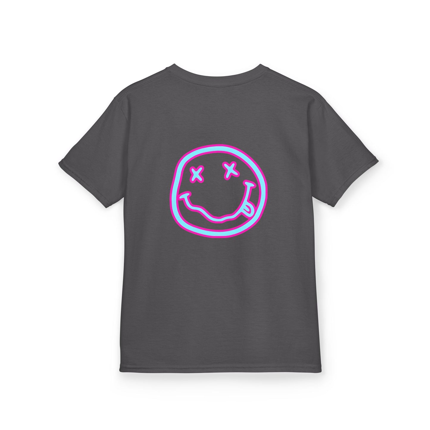 Kids T-Shirt — Neon Smiley Face Graphic Tee (Pink & Blue)