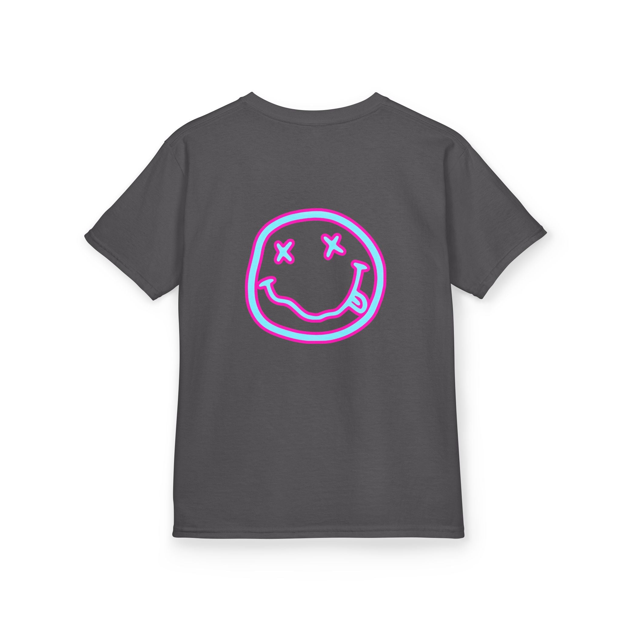Kids T-Shirt — Neon Smiley Face Graphic Tee (Pink & Blue)