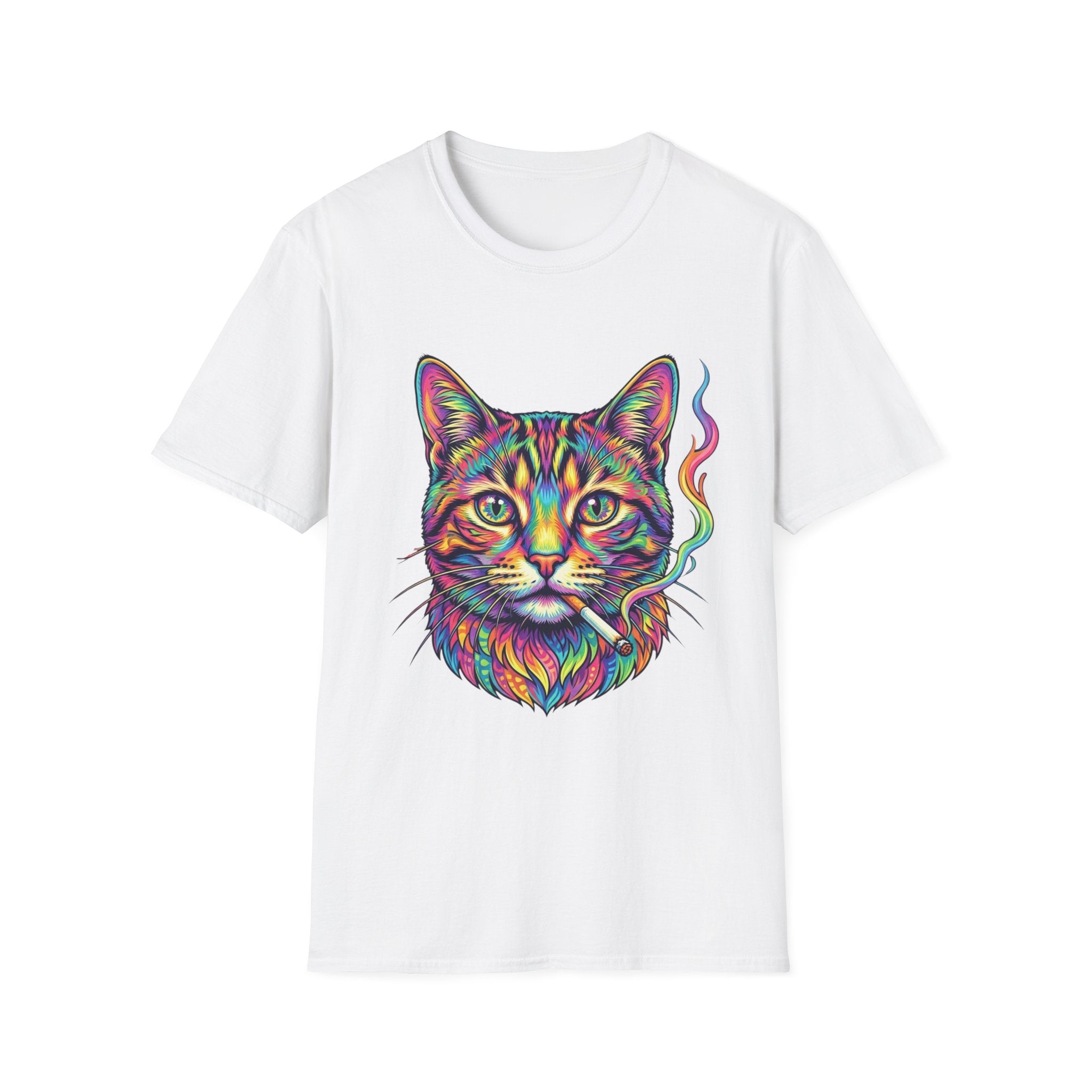 Colorful Psychedelic Cat T-Shirt — Vibrant Rainbow Cat Portrait Tee