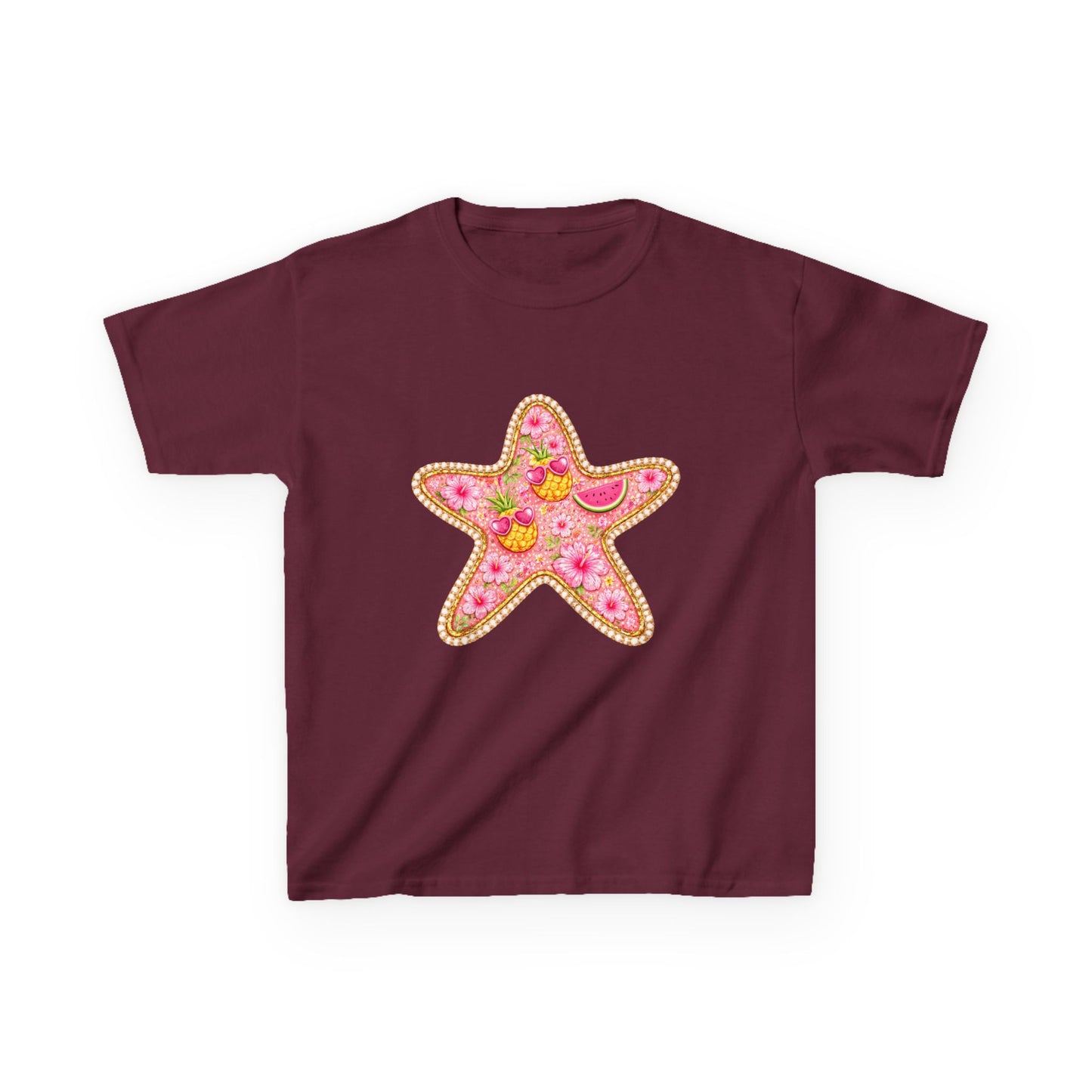 Kids Starfish Tee — Pink Floral Sequin Star Design