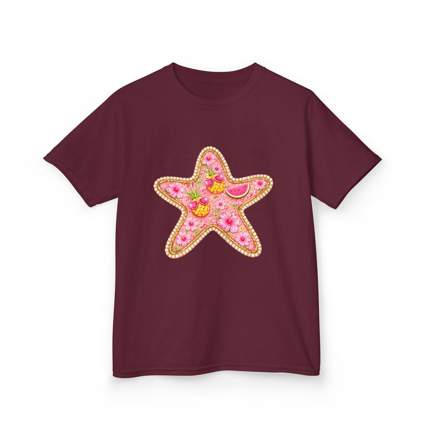 Kids Starfish Tee — Pink Floral Sequin Star Design