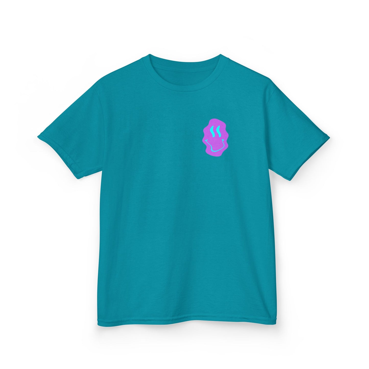 Kids T-Shirt — Neon Smiley Face Graphic Tee (Pink & Blue)