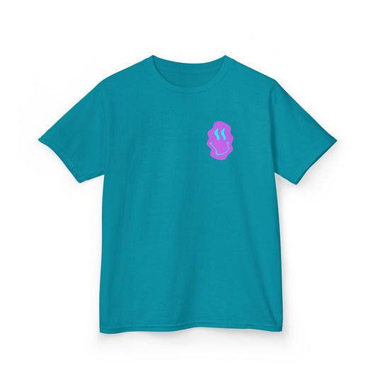 Kids T-Shirt — Neon Smiley Face Graphic Tee (Pink & Blue)