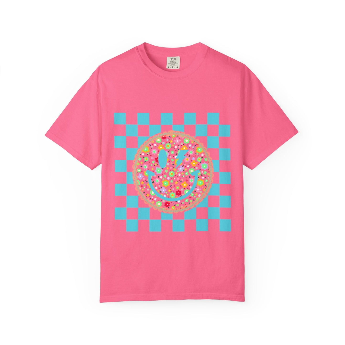 Floral Smiley Checkerboard T-Shirt