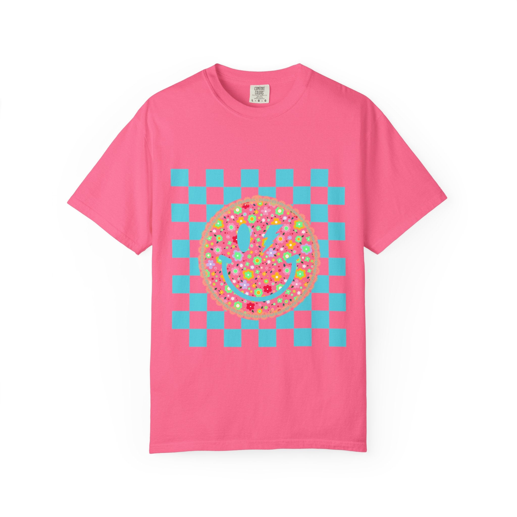 Floral Smiley Checkerboard T-Shirt