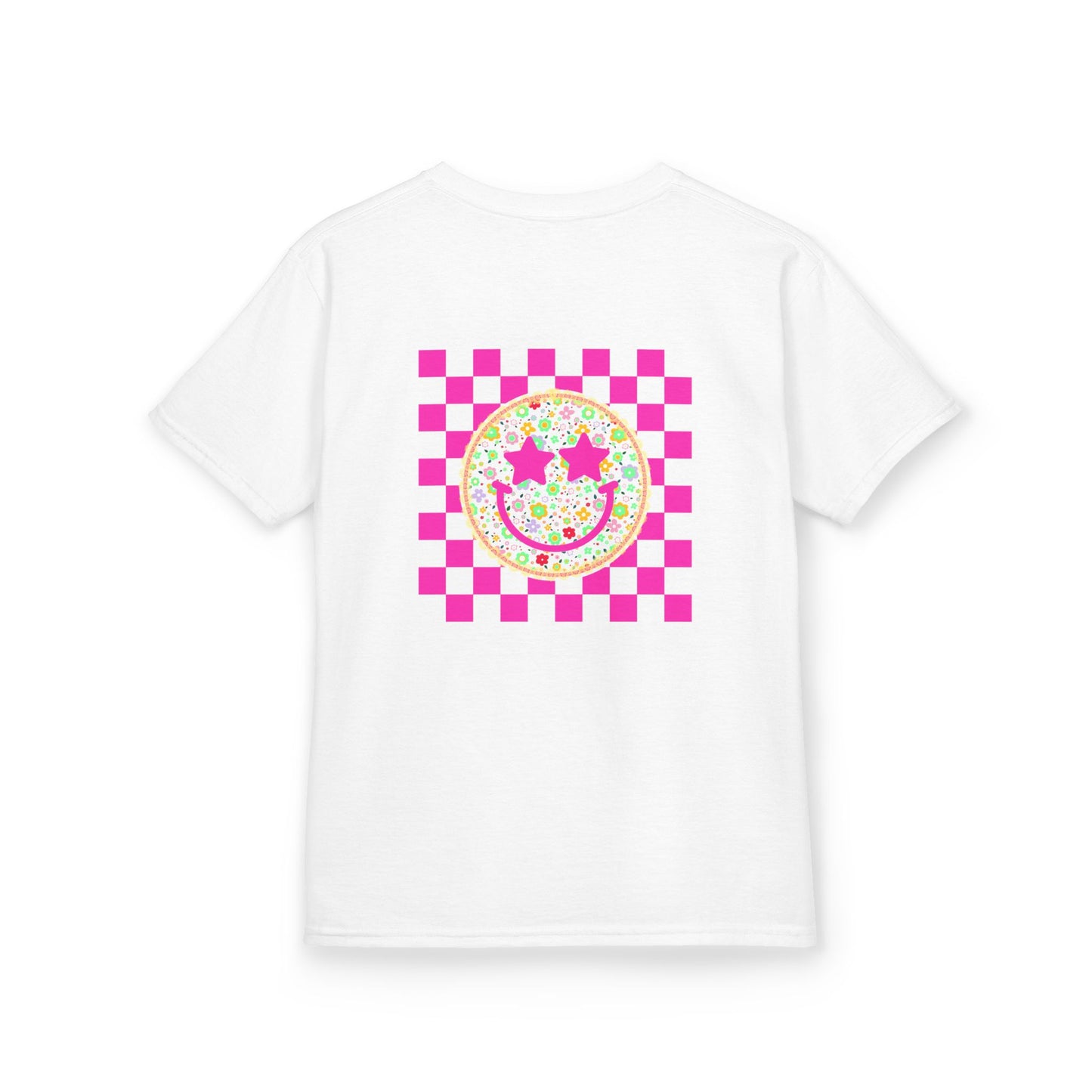 Kids Tee — Retro Pink Checker Smiley Face with Star Eyes