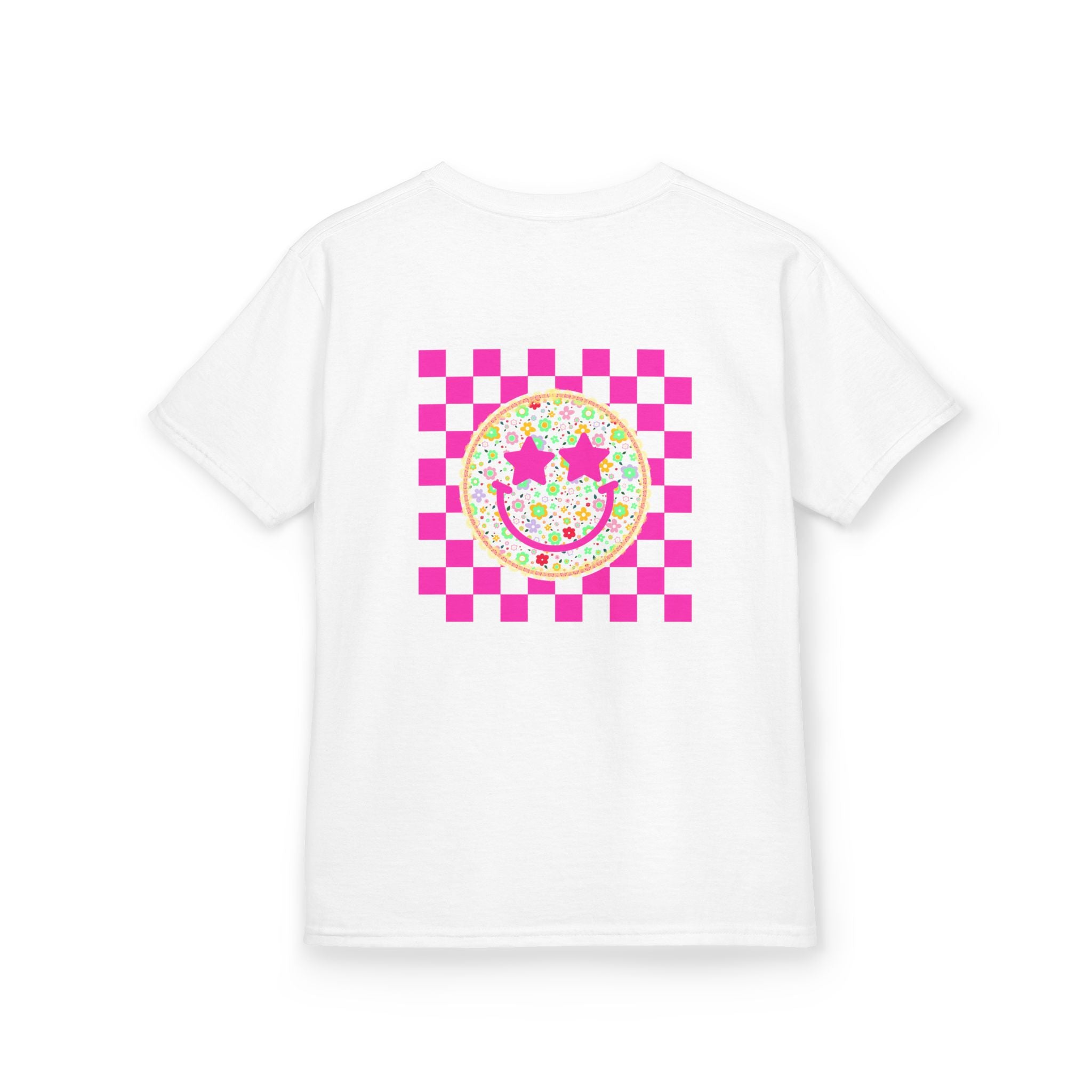 Kids Tee — Retro Pink Checker Smiley Face with Star Eyes