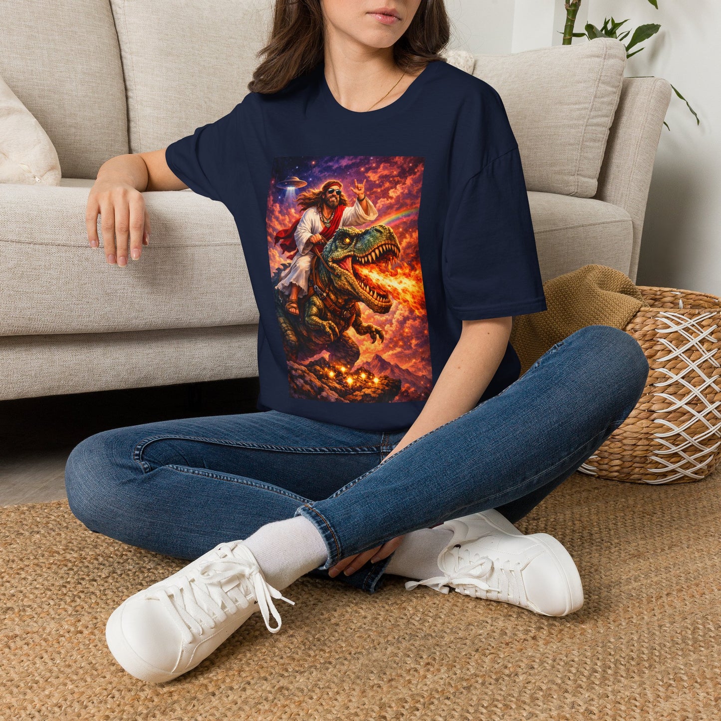 Jesus Riding T-Rex Graphic Tee — Retro UFO Apocalypse Art Shirt
