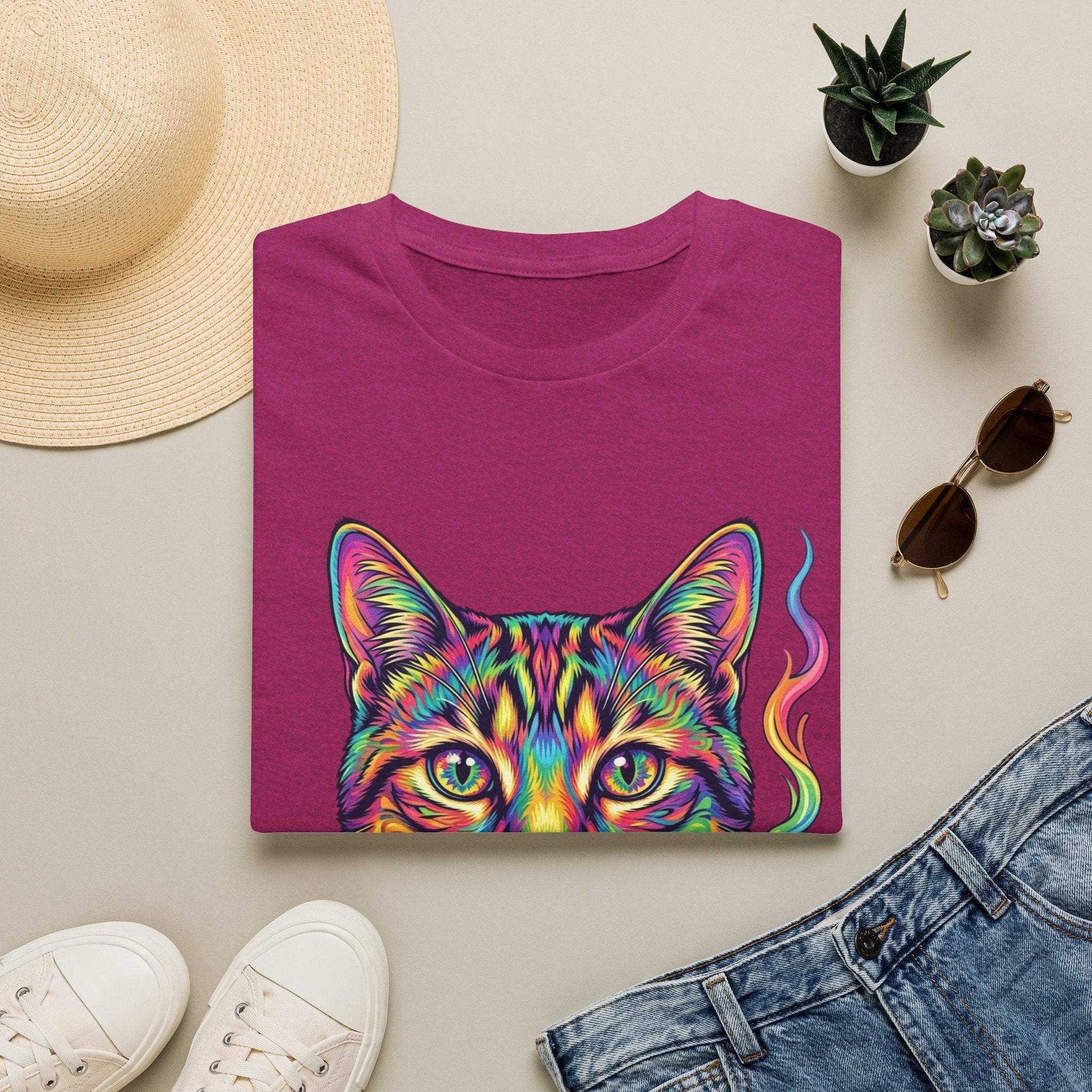 Colorful Psychedelic Cat T-Shirt — Vibrant Rainbow Cat Portrait Tee