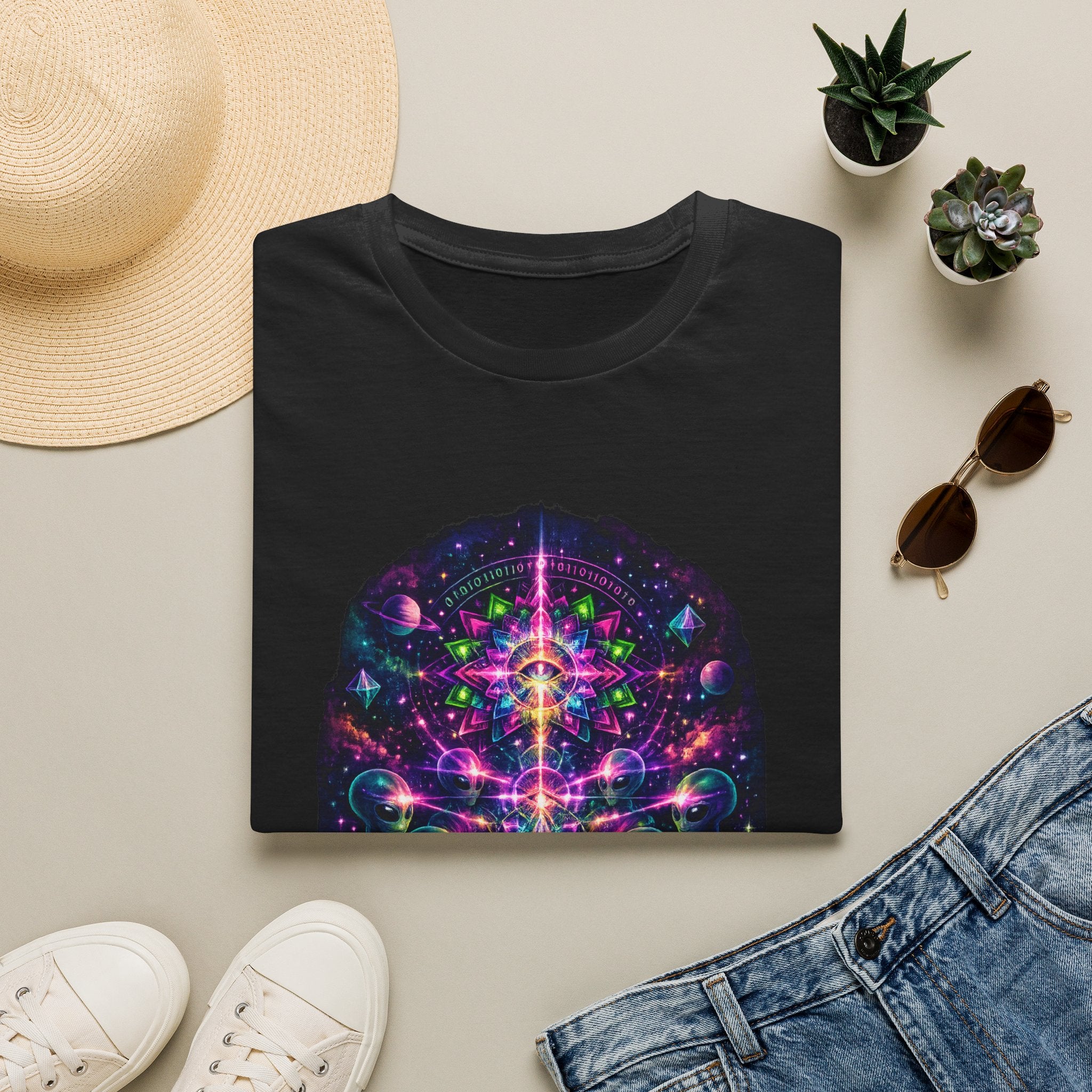 Psychedelic Cosmic Alien T-Shirt — Neon Sacred Geometry Tee