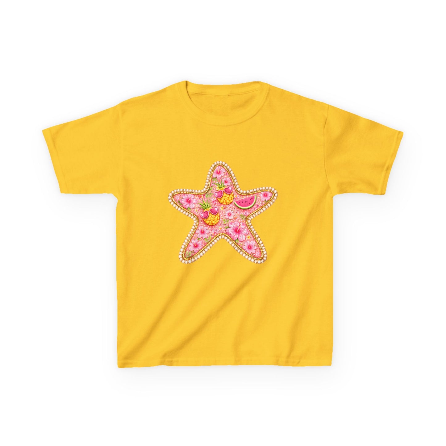 Kids Starfish Tee — Pink Floral Sequin Star Design