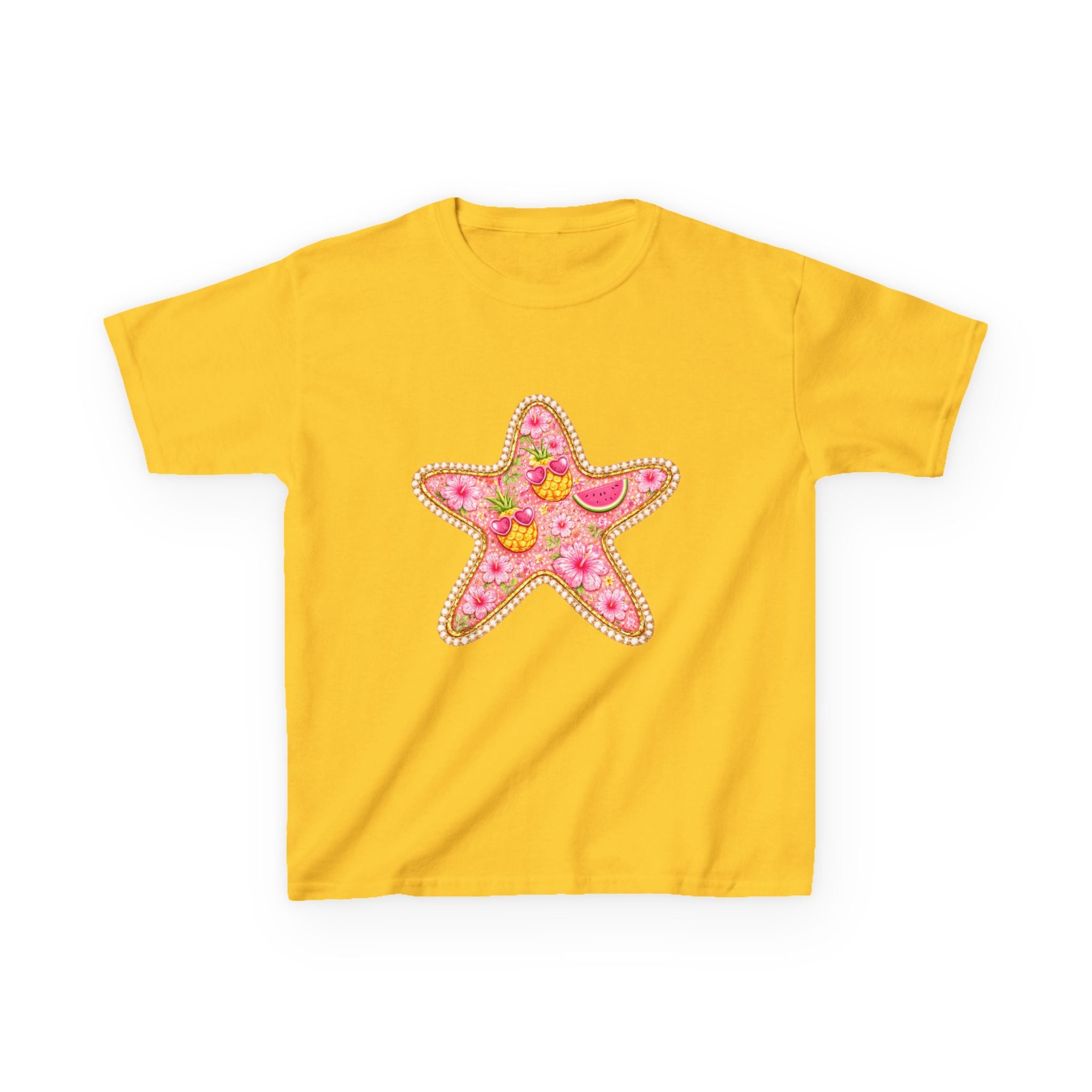 Kids Starfish Tee — Pink Floral Sequin Star Design