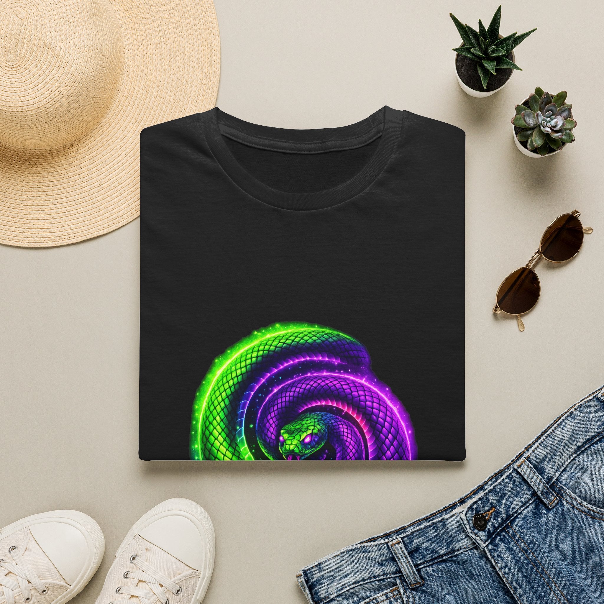 Psychedelic Spiral Snake T-Shirt — Neon Green & Purple Swirl Graphic Tee