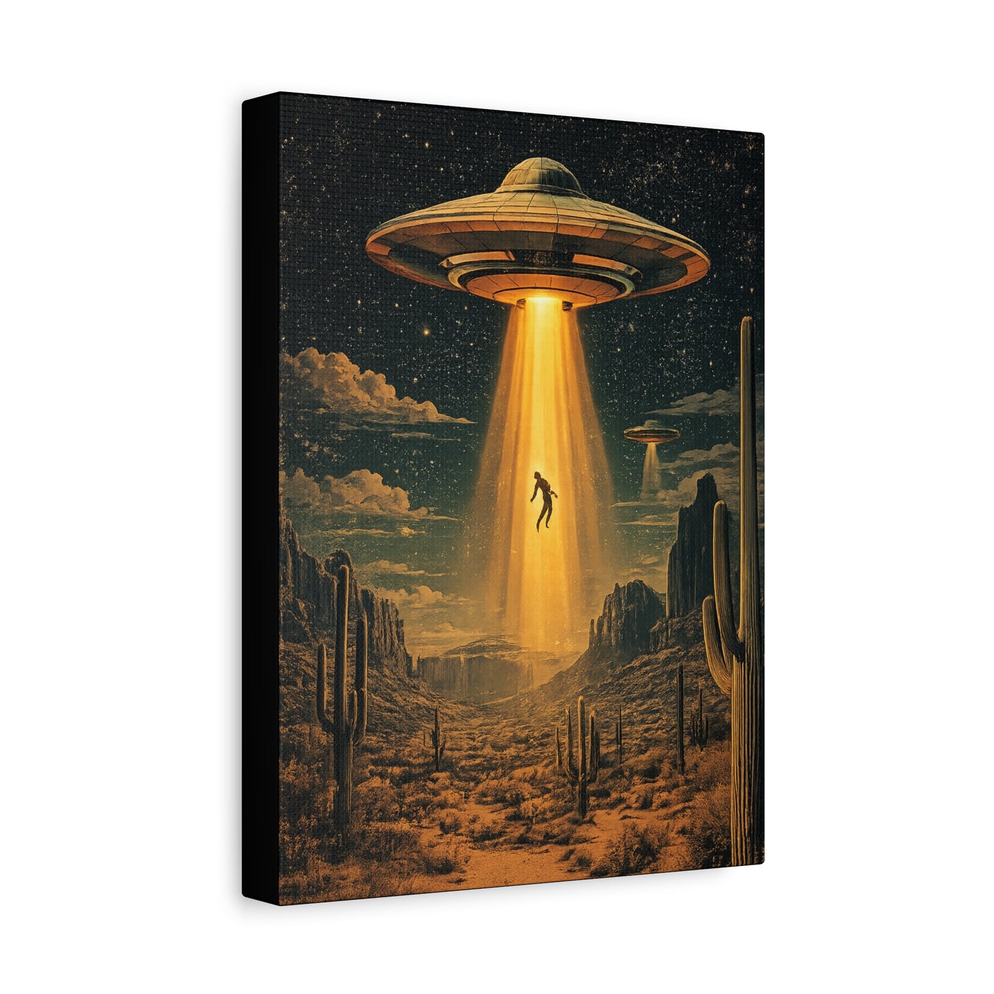 UFO Abduction Matte Canvas Wall Art — Retro Sci‑Fi Alien Beam Stretched Print