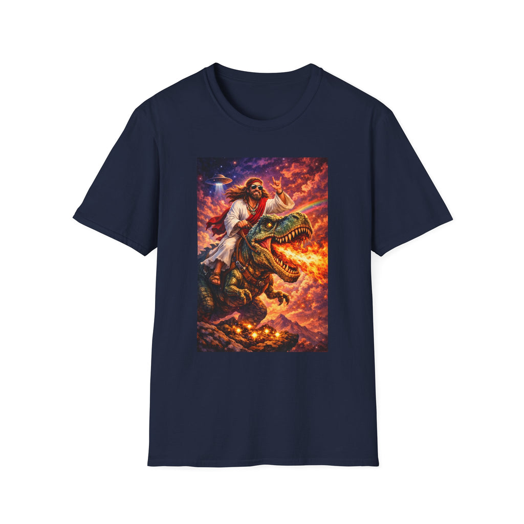 Jesus Riding T-Rex Graphic Tee — Retro UFO Apocalypse Art Shirt
