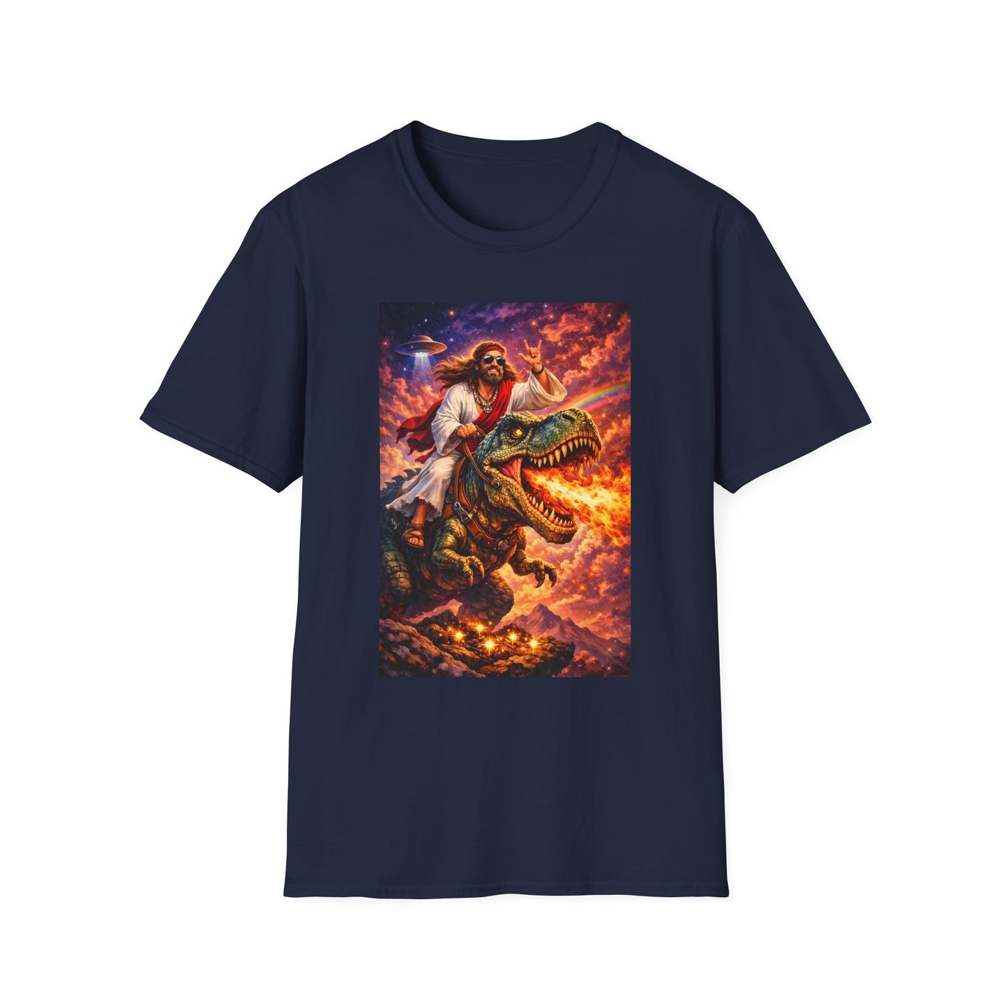 Jesus Riding T-Rex Graphic Tee — Retro UFO Apocalypse Art Shirt