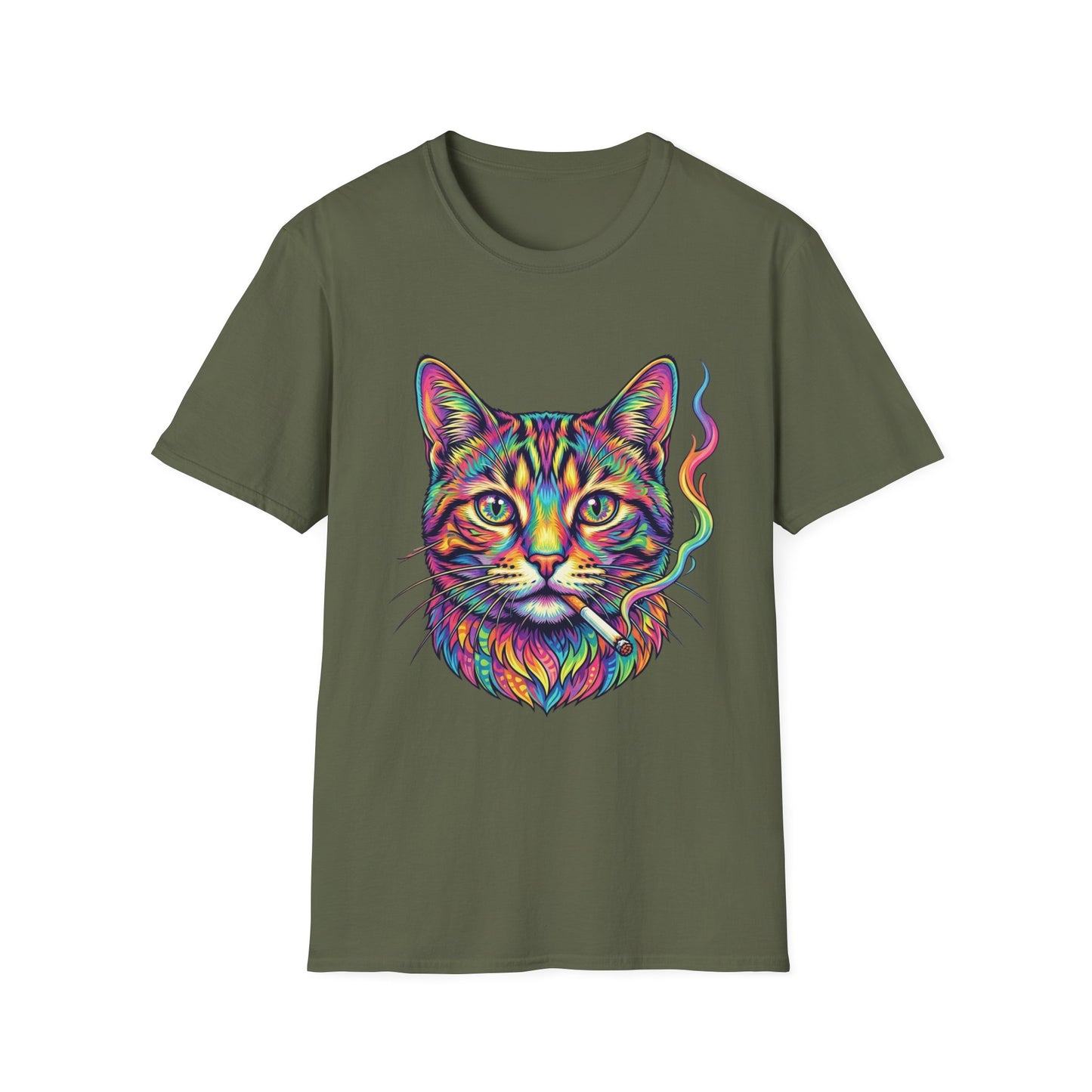 Colorful Psychedelic Cat T-Shirt — Vibrant Rainbow Cat Portrait Tee