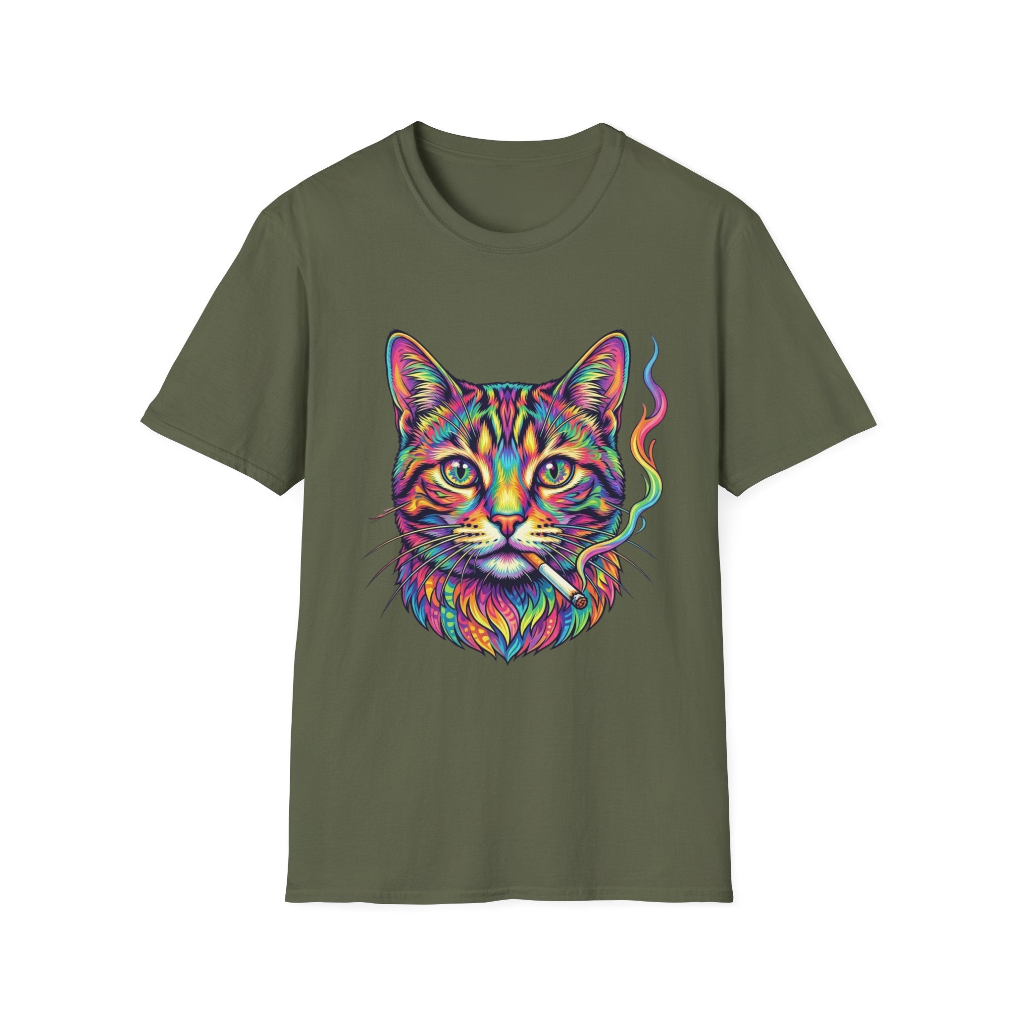 Colorful Psychedelic Cat T-Shirt — Vibrant Rainbow Cat Portrait Tee