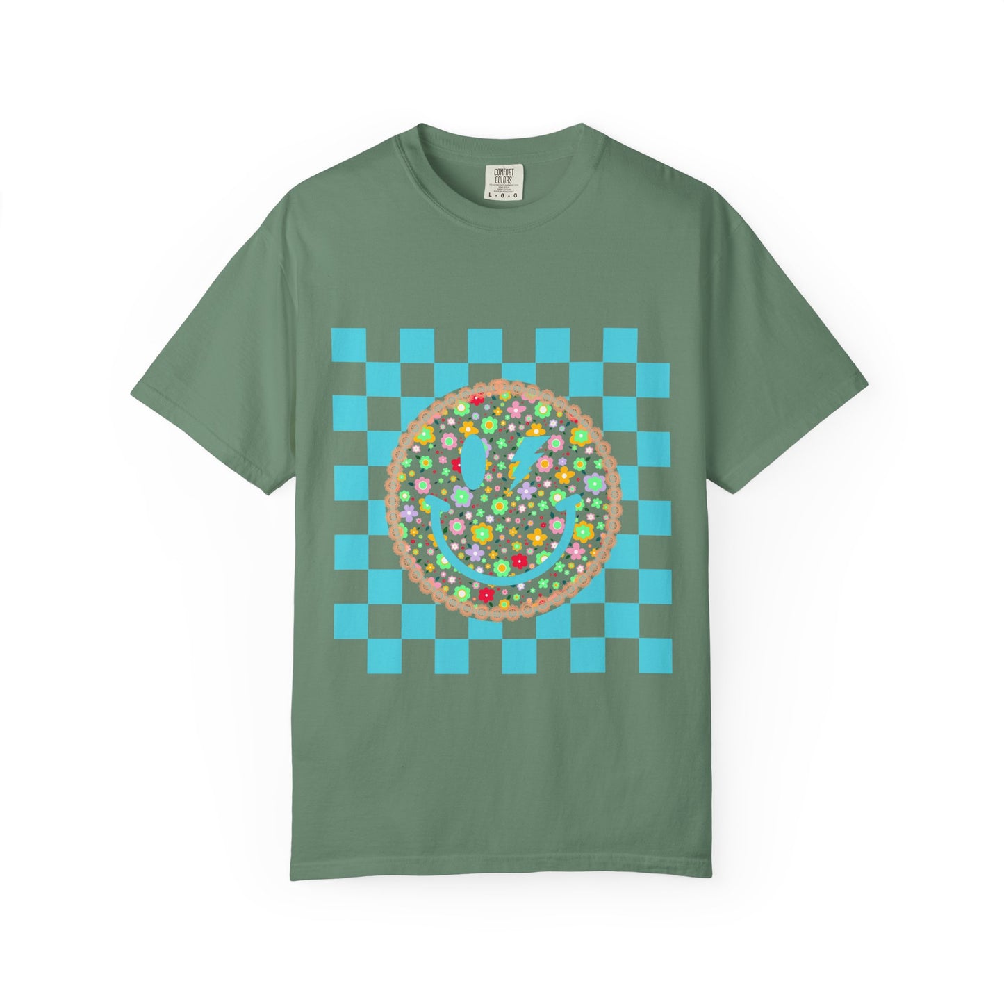 Floral Smiley Checkerboard T-Shirt