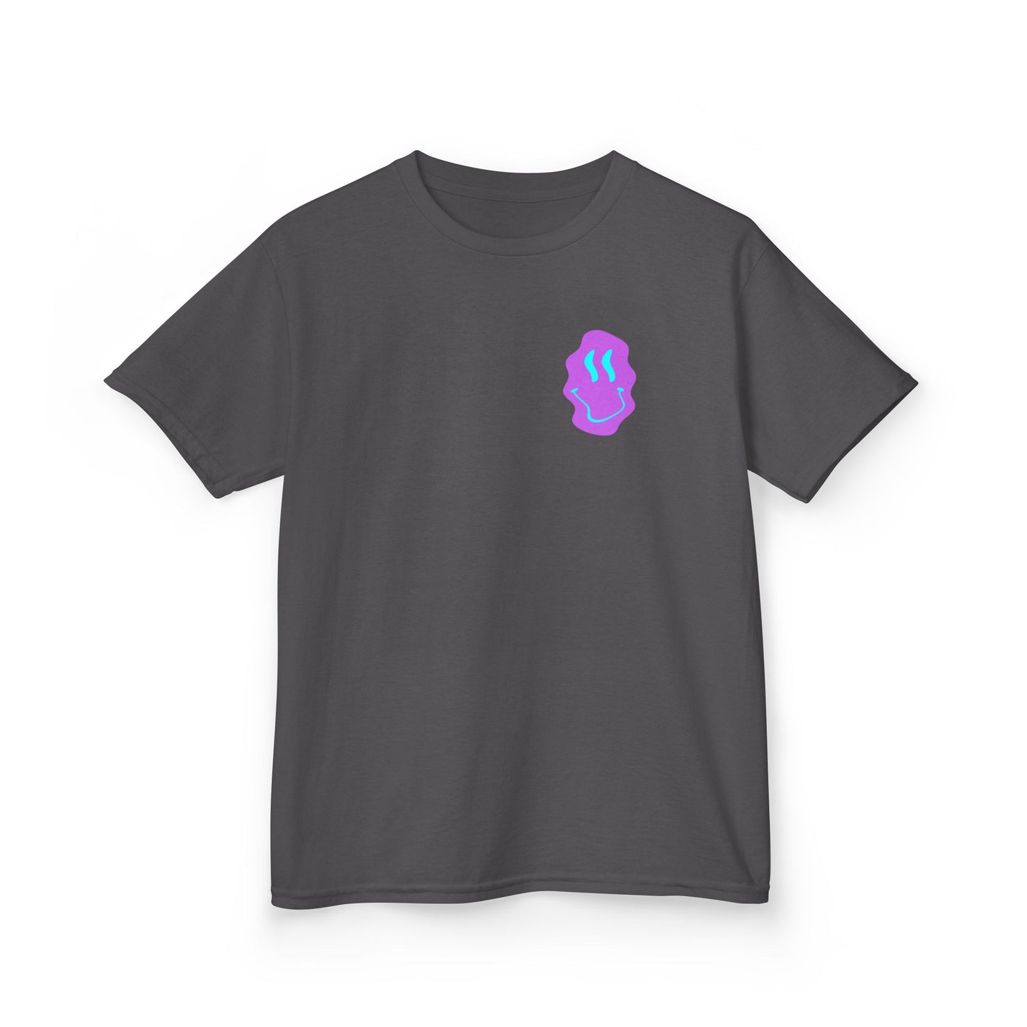 Kids T-Shirt — Neon Smiley Face Graphic Tee (Pink & Blue)