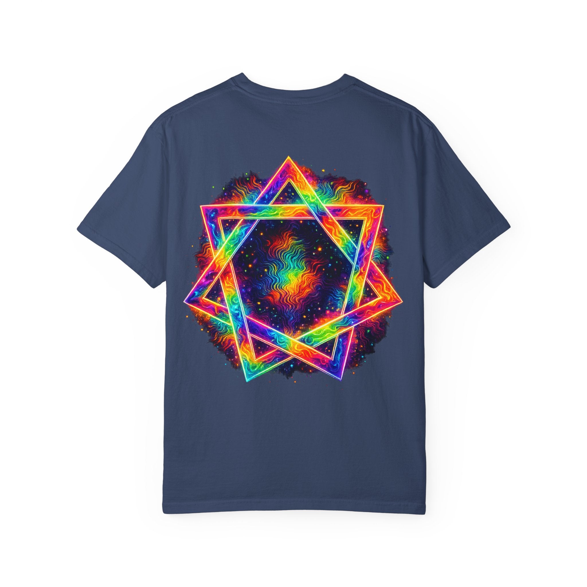 Psychedelic Geometric Star T-Shirt — Neon Mandala Chest & Back Graphic