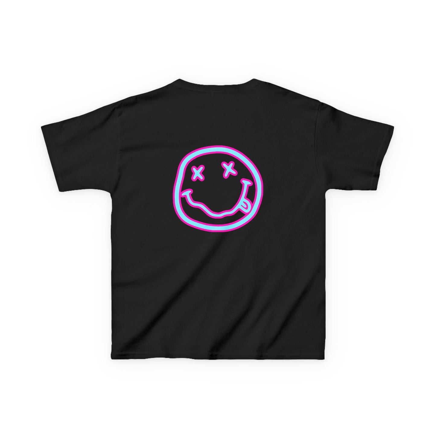 Kids T-Shirt — Neon Smiley Face Graphic Tee (Pink & Blue)