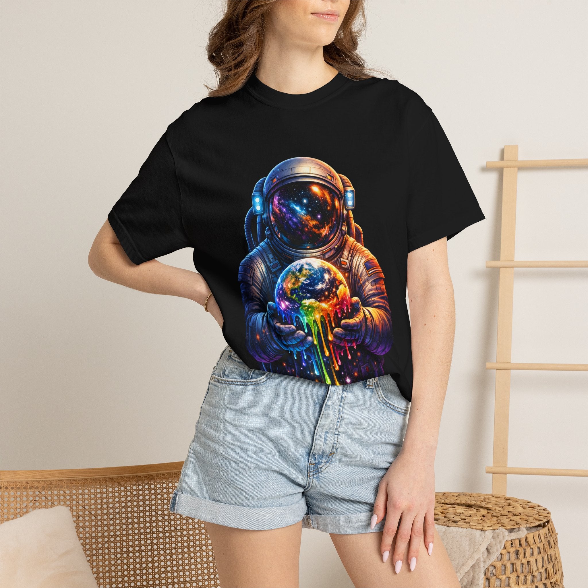 Astronaut Holding Melting Planet T-Shirt — Psychedelic Space Graphic Tee