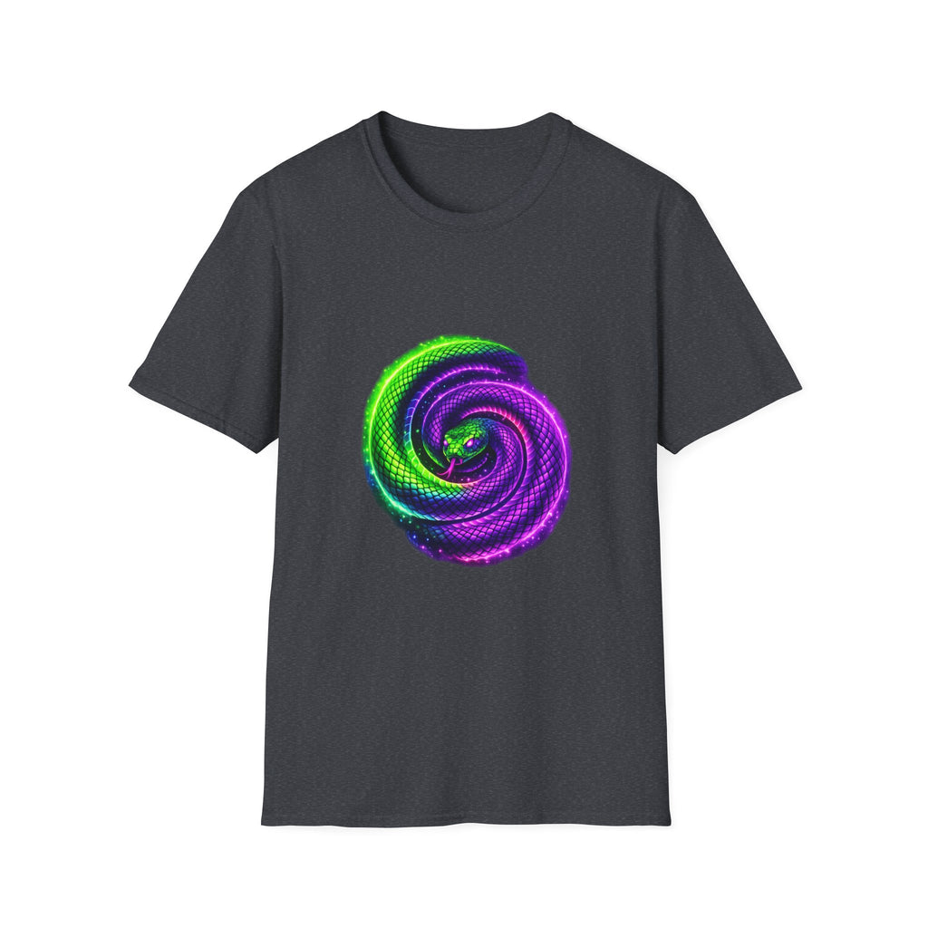 Psychedelic Spiral Snake T-Shirt — Neon Green & Purple Swirl Graphic Tee